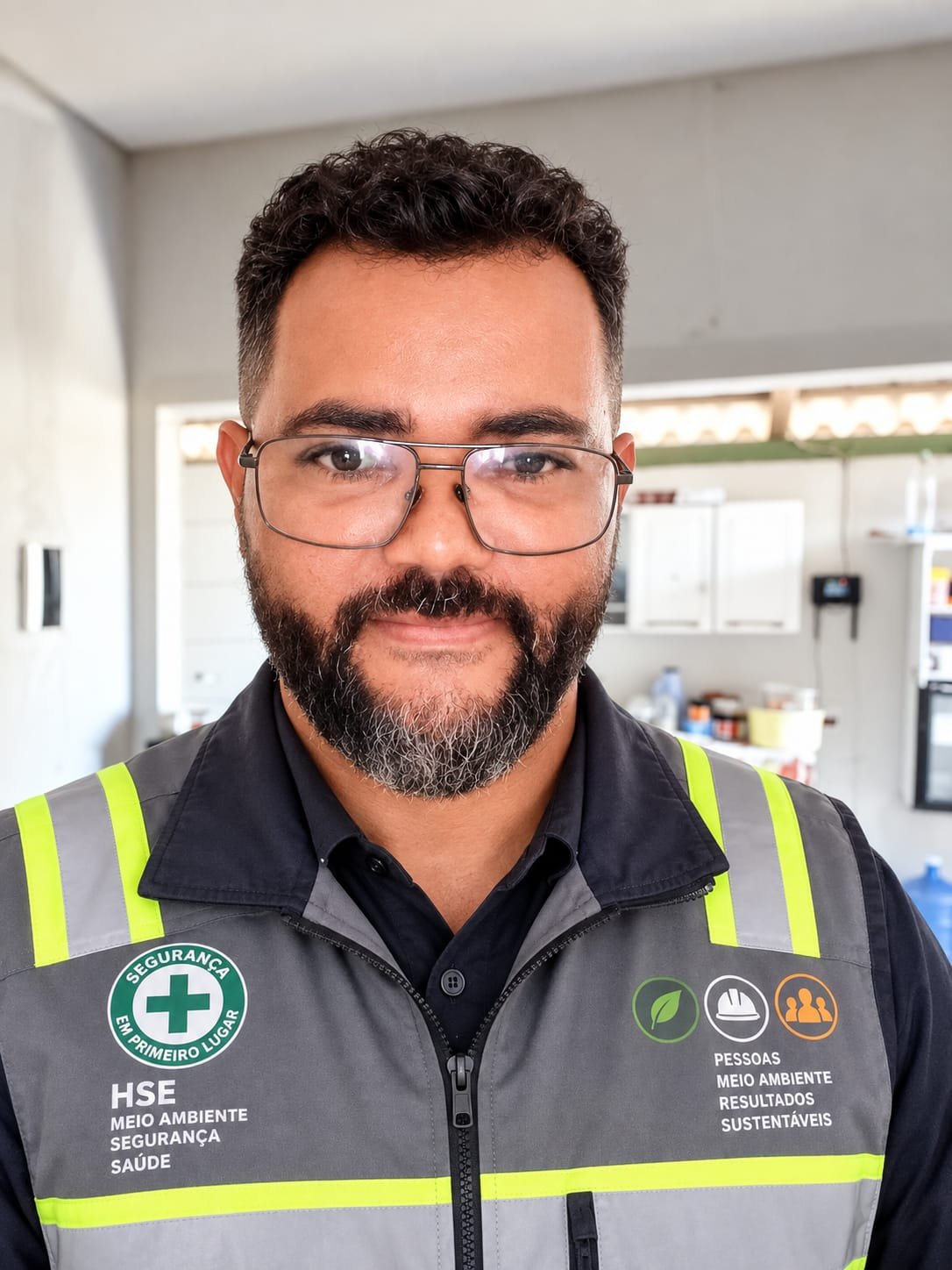 Adonias Joshua em ambiente de trabalho, usando colete de segurança