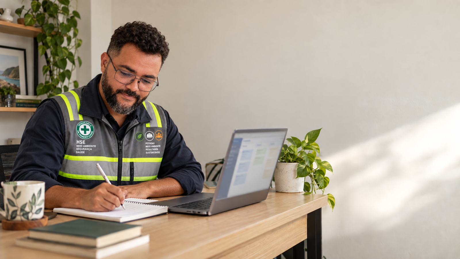 Ilustração de Adonias estudando com notebook e caderno