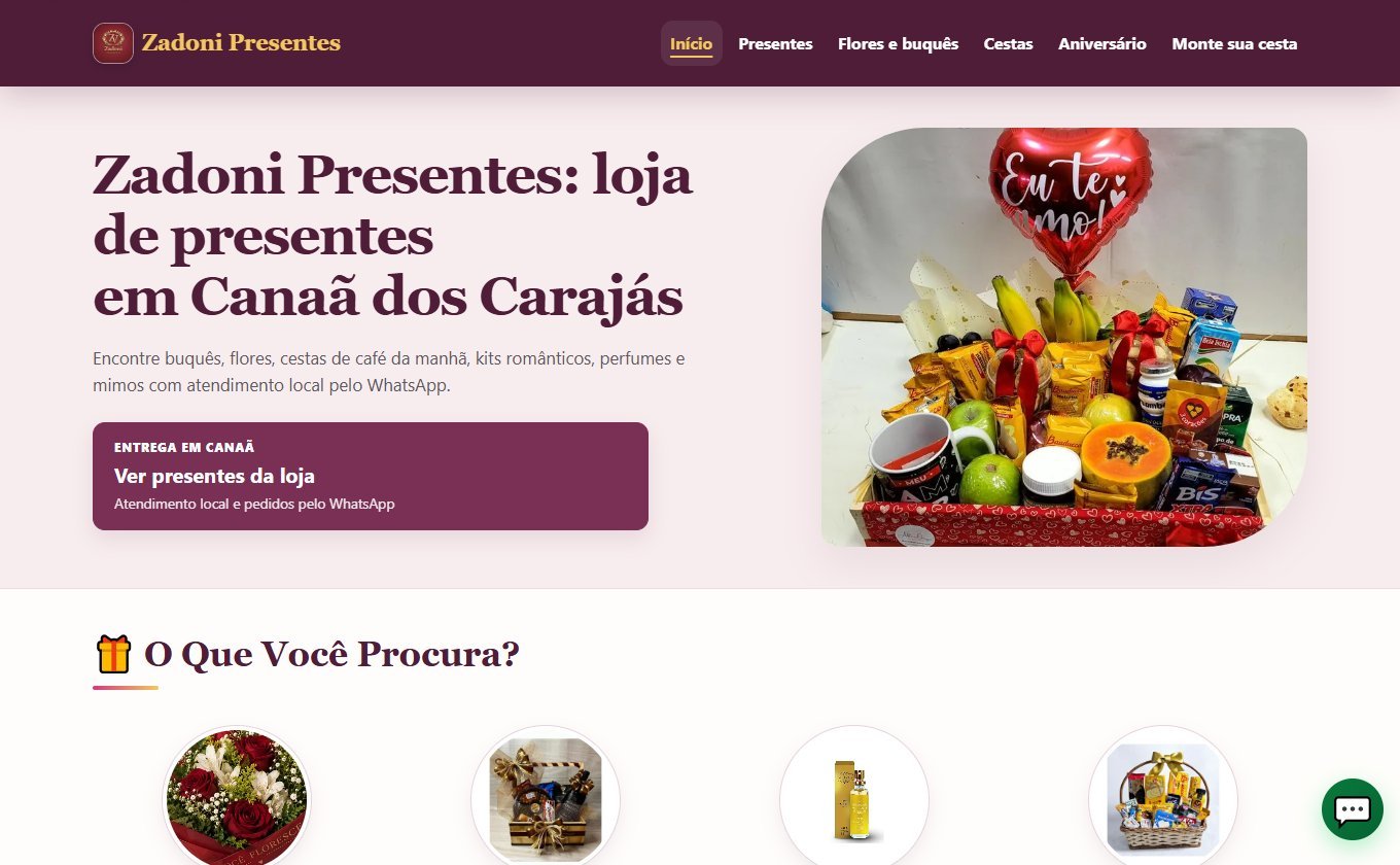 Site da Zadoni Presentes: loja, produtos e categorias